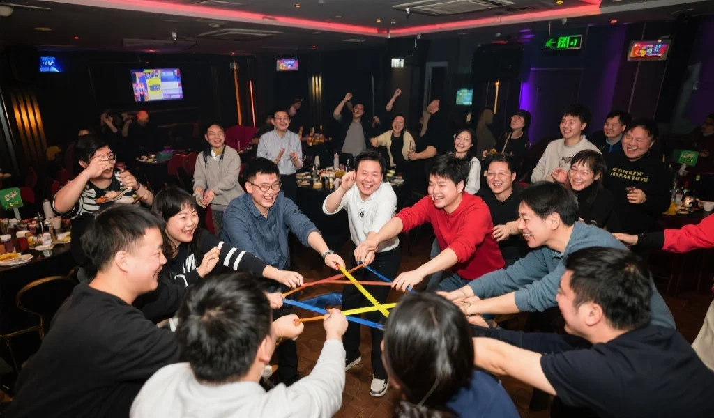 一场室内俱乐部聚会，成员们一起做团队合作游戏，现场气氛热烈，大家互相鼓励